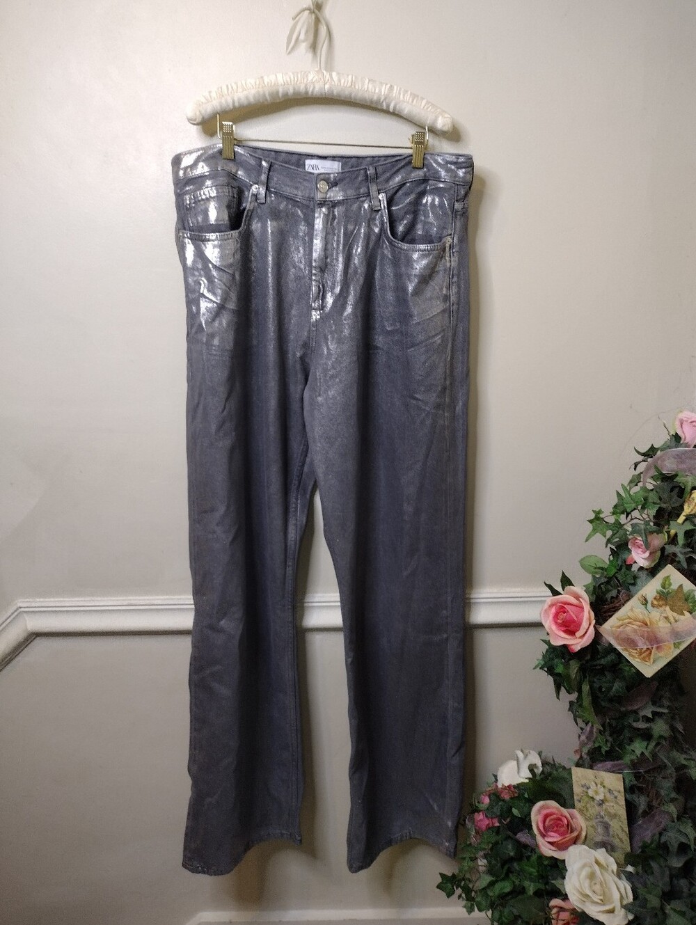 ZARA Silver Metallic High-Rise Wide Leg Jeans